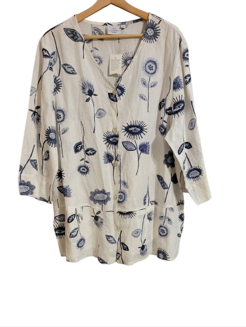 Hot Cotton Linen Blend White Blue Floral Tunic Top
